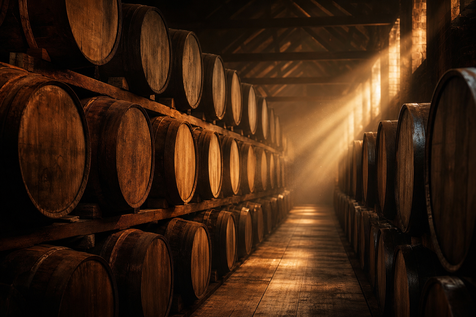 Rows of oak casks maturing in a dimly lit whiskey warehouse with shafts of golden light