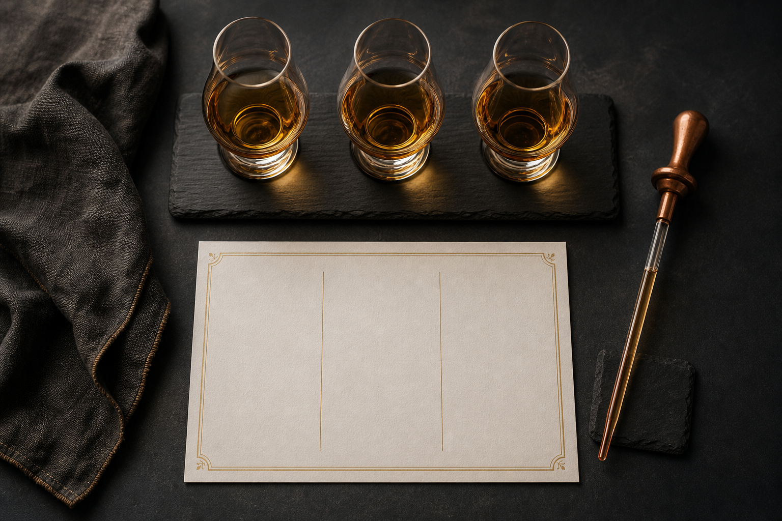 Top-down view of a three-glass whiskey tasting flight on dark slate with a notes card and copper water dropper