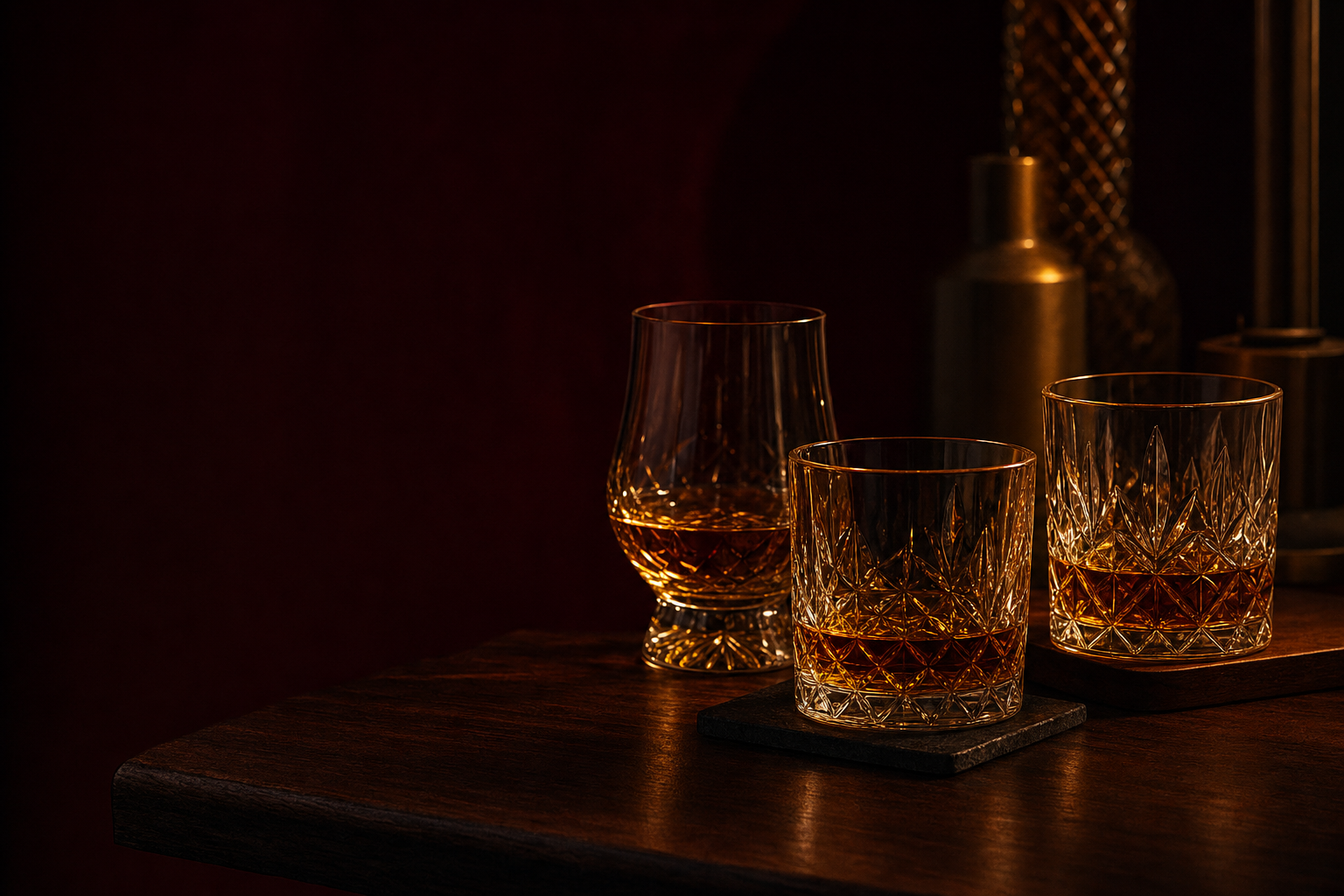 Three crystal whiskey glasses glowing amber on a dark walnut bar against a deep red backdrop