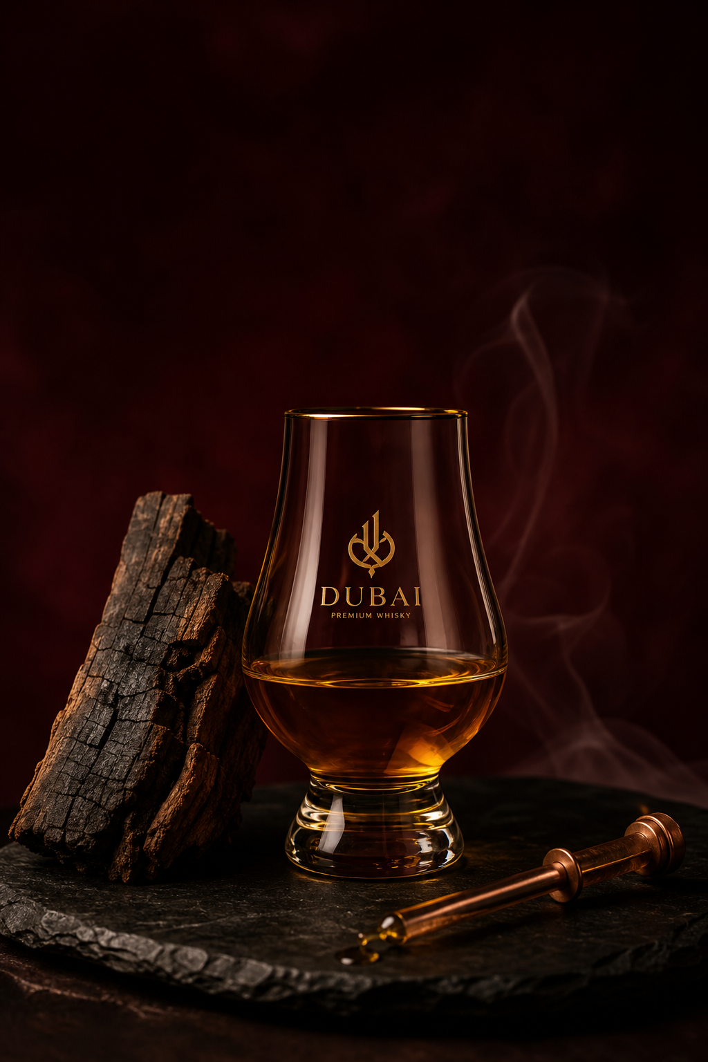 A nosing glass of amber single malt beside a piece of charred oak cask stave and a copper pipette on dark slate