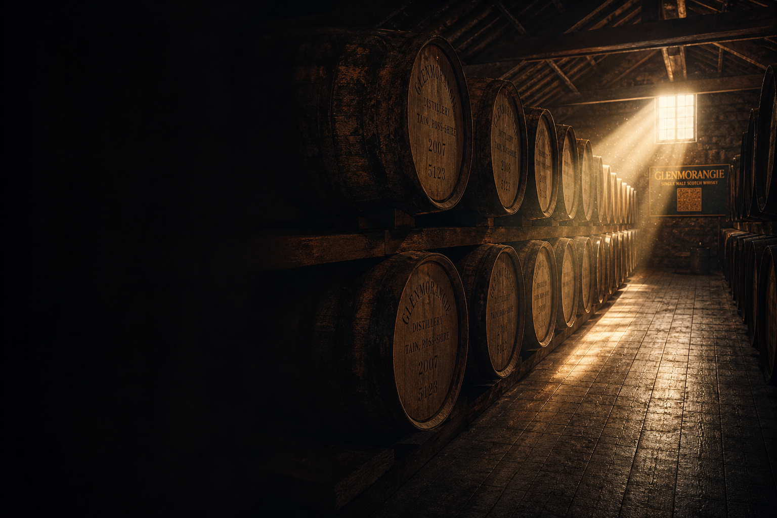 Oak casks stacked in a dim whisky warehouse with a shaft of golden light