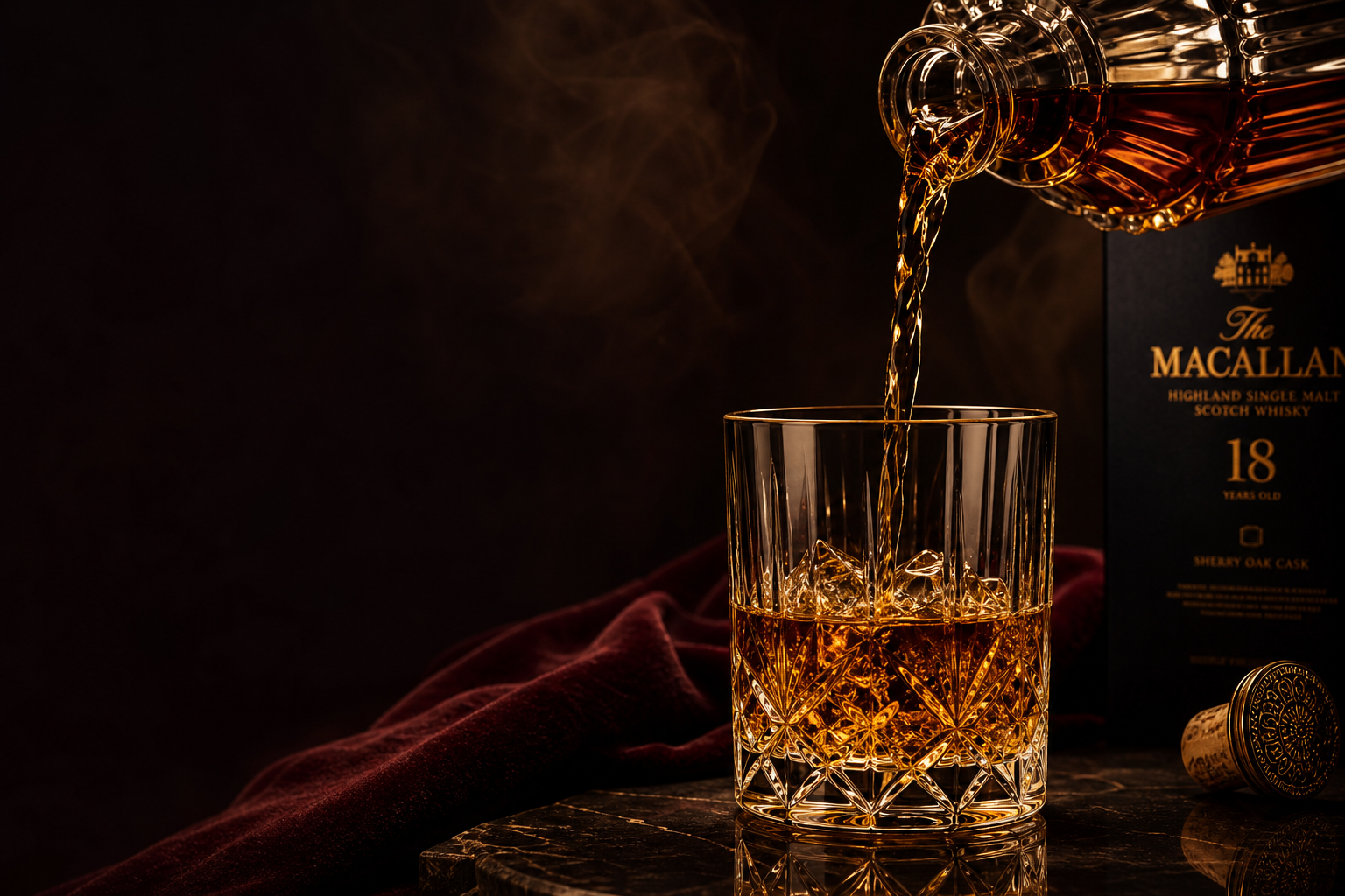 Single malt whisky pouring from a crystal decanter into a cut-glass tumbler against a dark burgundy backdrop