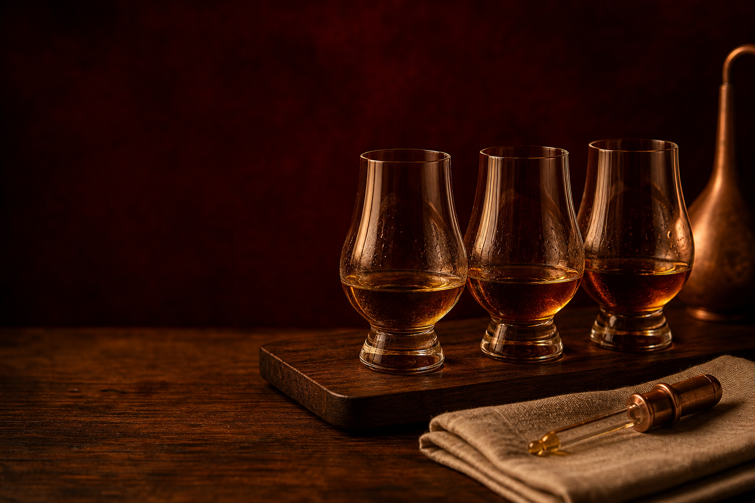 Three nosing glasses of amber single malt arranged on a dark wooden bar