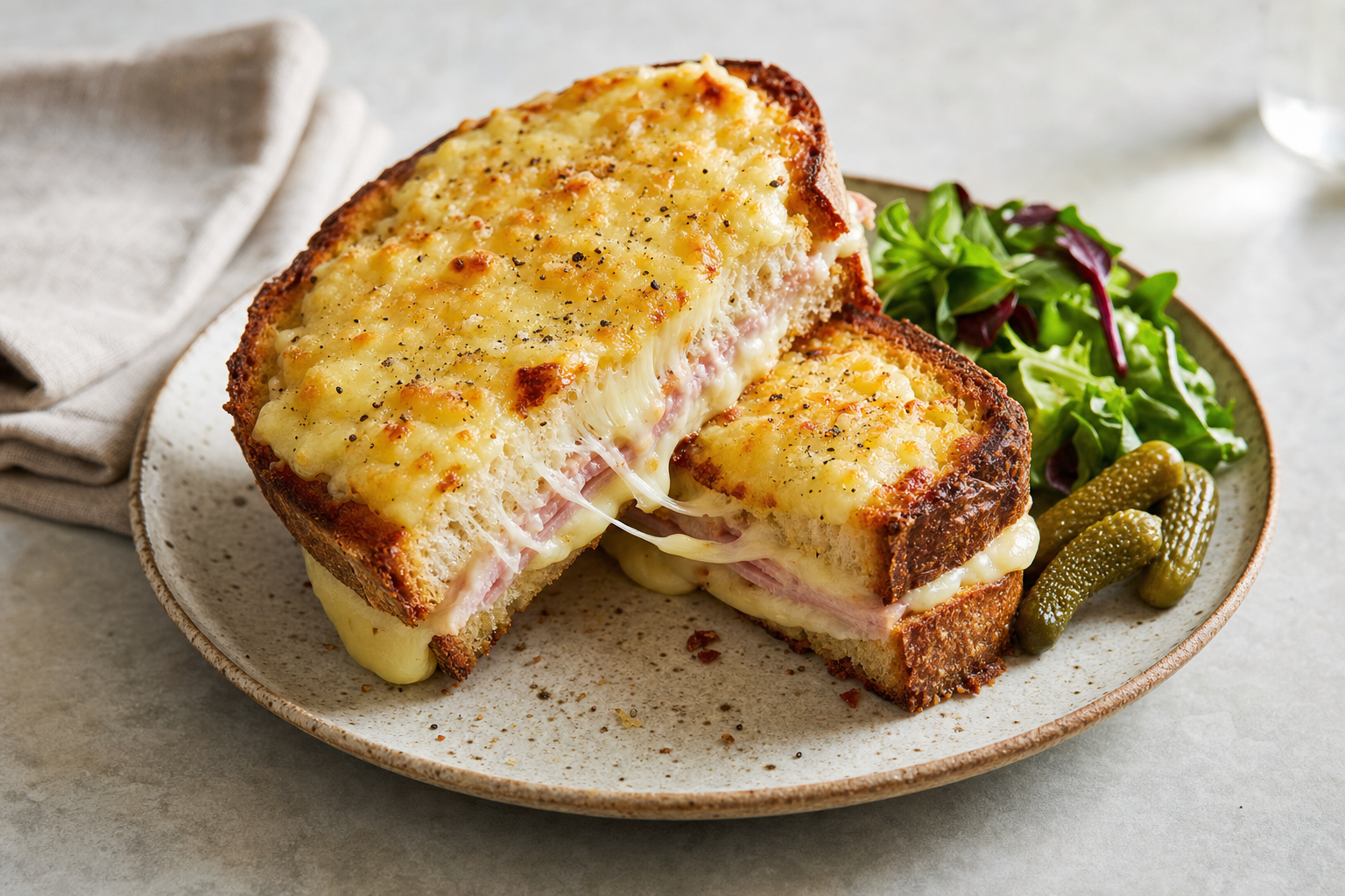 Crisp Comté croque monsieur with melted cheese, cornichons and salad leaves