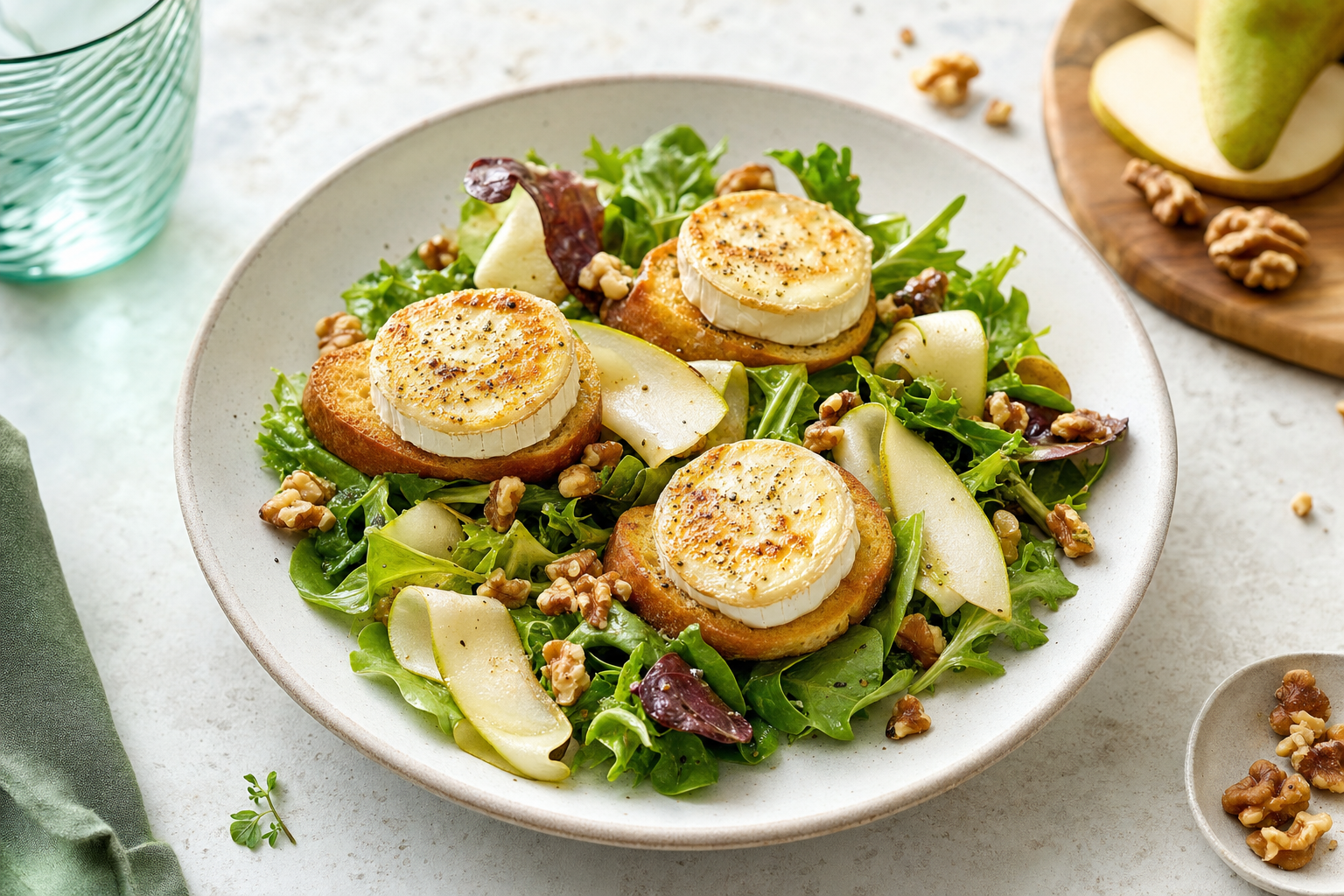 Warm French goat cheese toasts over salad leaves with pear and walnuts