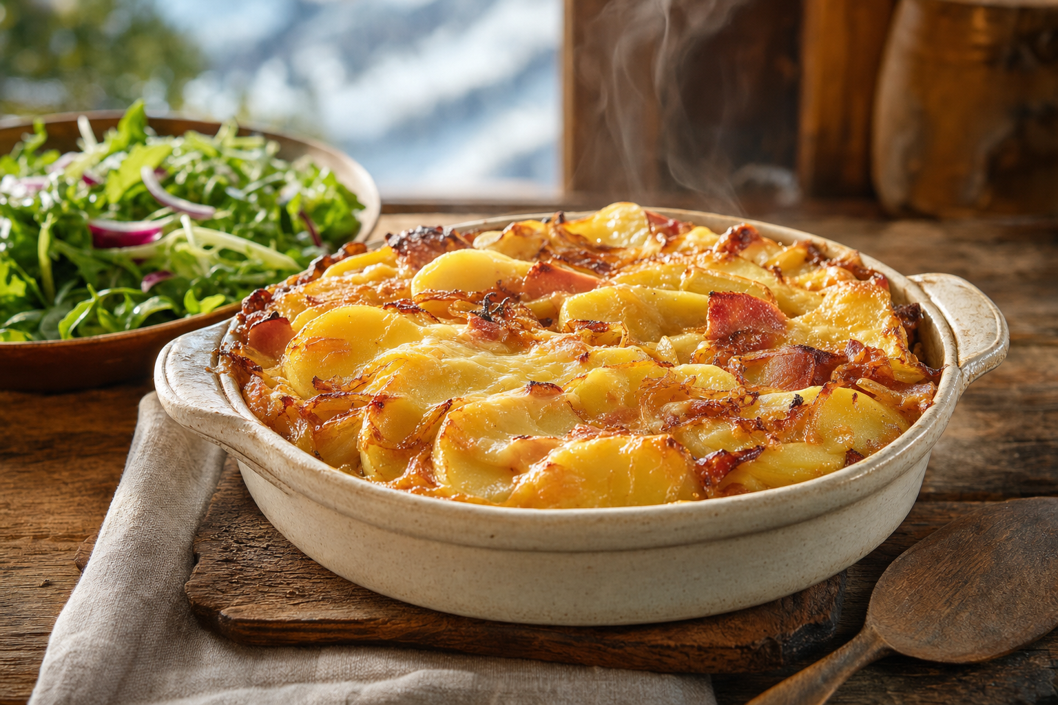 Golden Tartiflette with melted Reblochon, potatoes and onions in a ceramic baking dish