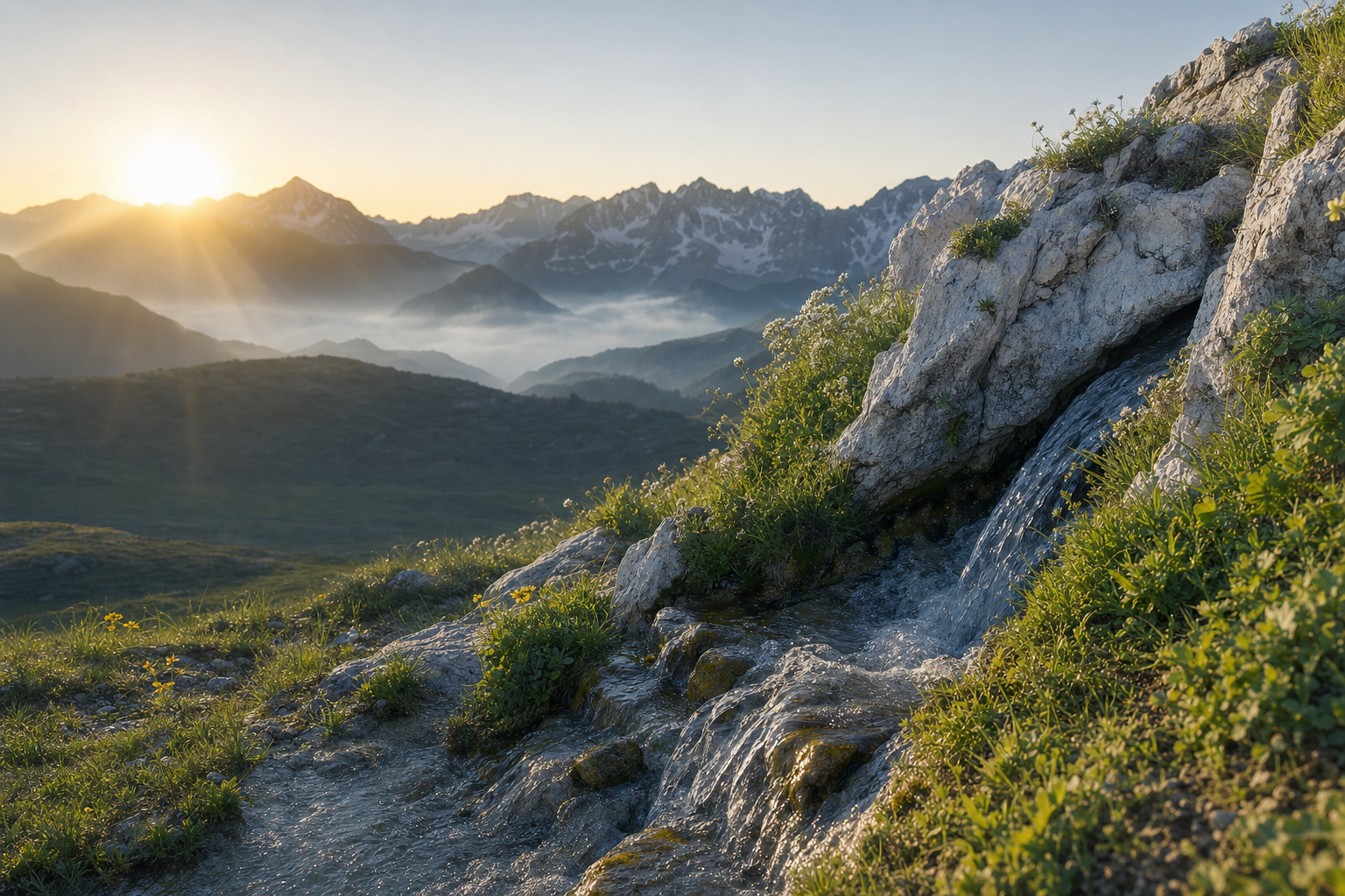 Clear mineral spring flowing through pale limestone in the French mountains