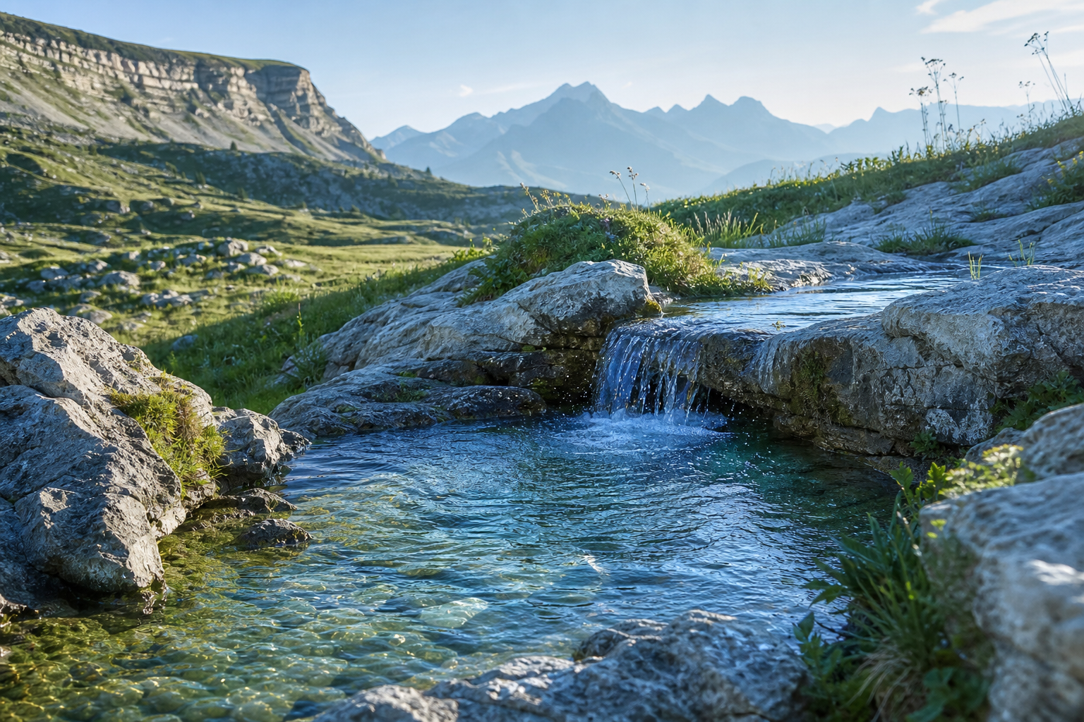 Natural spring flowing through limestone in the French Alps