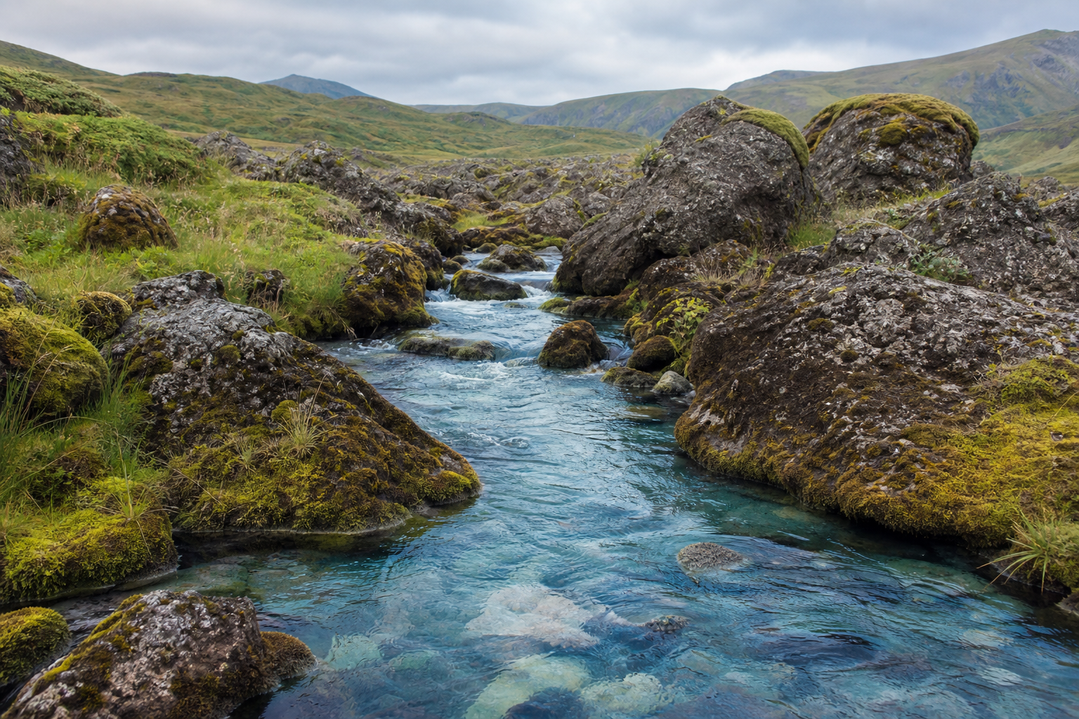 Clear spring winding between volcanic rocks in Auvergne